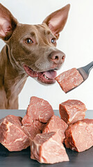 Brown Dog with Meat, Attentive Canine on Wooden Cutting Board for Pet and Food Themes
