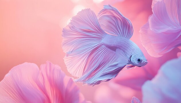 Elegant pastel pink betta fish gracefully swimming amidst delicate, translucent flowers; dreamy, serene aquatic scene.