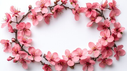 Obraz premium Pink blossom flowers arranged in oval frame on white background.