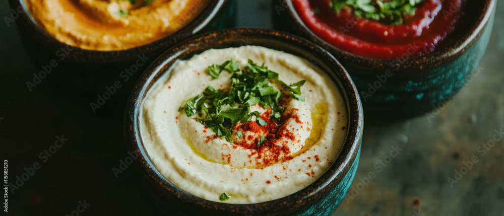 Poster creamy dips served in rustic ramekins on a textured surface perfect for sharing