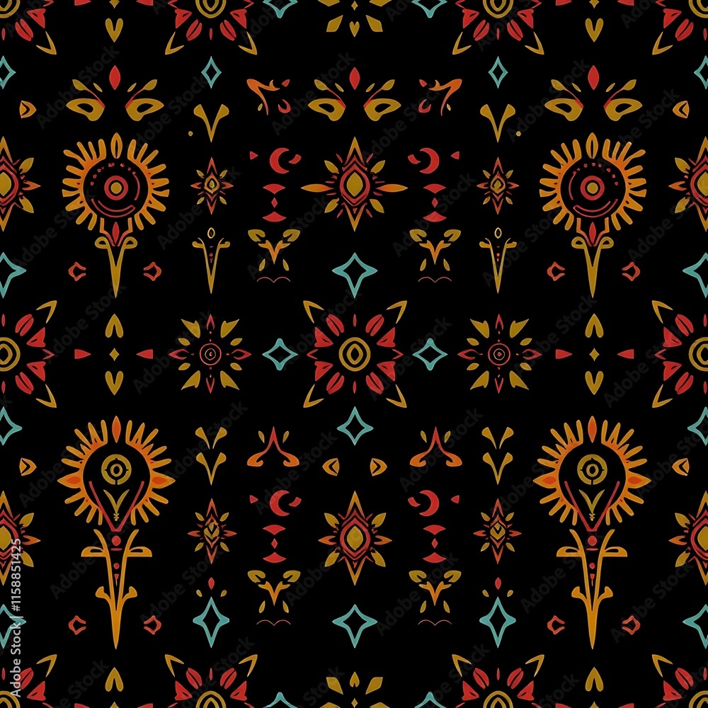 Poster vibrant floral tile pattern: this intricate, seamless pattern features stylized flowers in a captiva