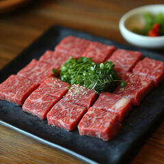 Rectangular Black Serving Tray with Uniformly Cut Raw Beef Steaks, Fresh Herbs, Clean and Professional Quality Image