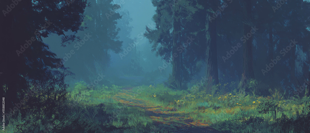 Poster Mysterious fog enveloping a tranquil forest path at dawn