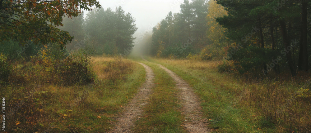 Poster fog envelops a winding forest path in a serene autumn landscape under soft morning light