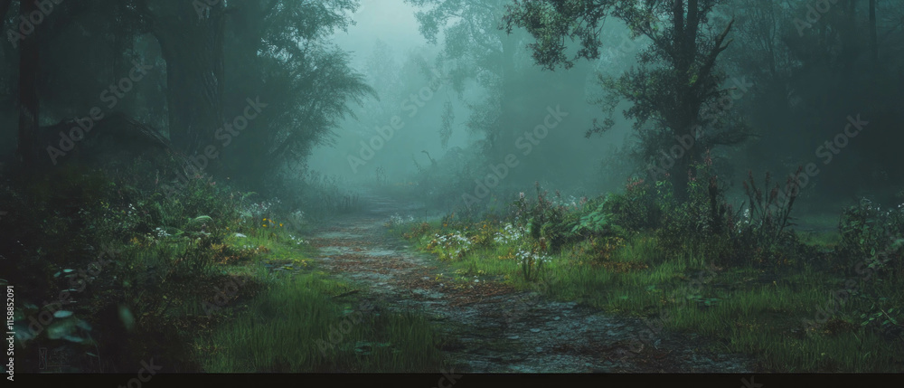 Poster Fog envelops a tranquil forest path leading into the unknown woods