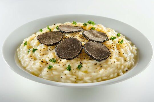 Creamy risotto topped with black truffles, garnished with herbs.