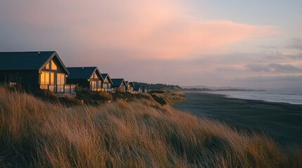 Coastal cabins at sunset, beach houses.