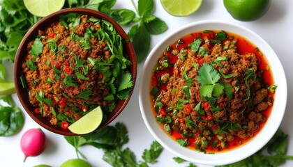 Spicy Minced Meat Salad with Fresh Herbs and Vegetables, Perfect for  Dining