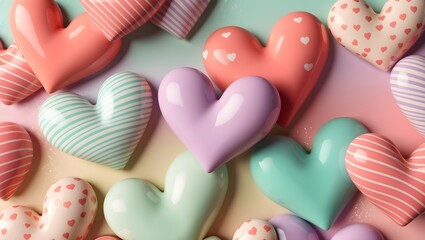 Fototapeta premium Valentine Pastel Heart Background: Features a cute and playful arrangement of pastel colored hearts with different patterns