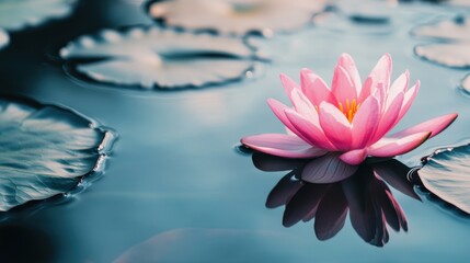 A serene pink lotus on a tranquil water surface, close-up shot, Minimalist style
