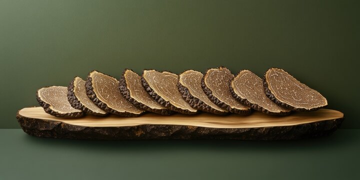 Slices of truffle displayed on a wooden board against a green background.