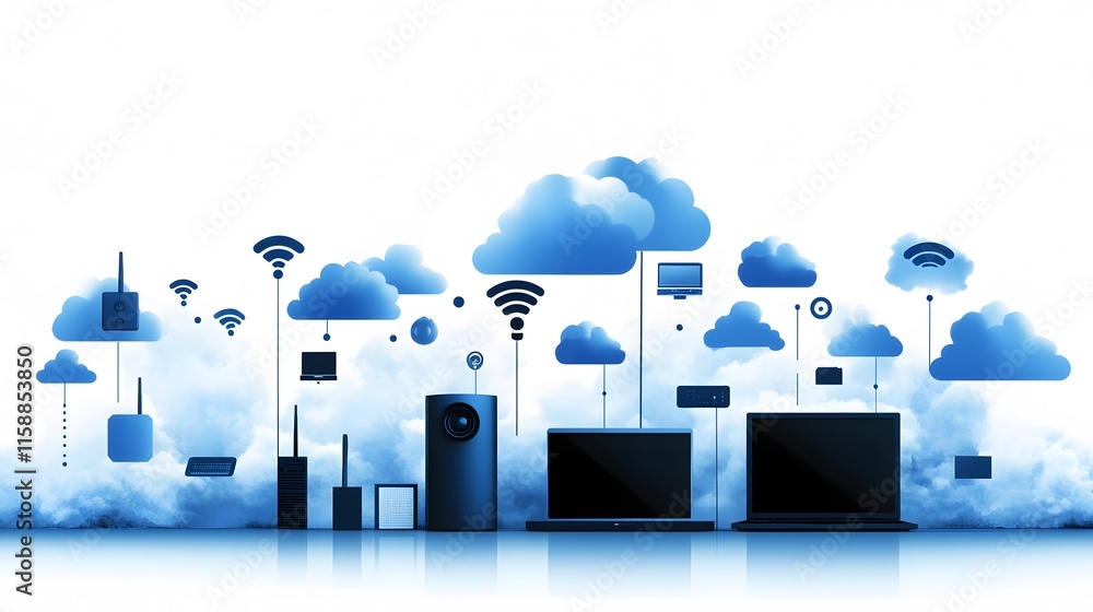 Poster digital cloud technology with devices and connectivity icons in a blue theme