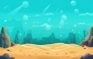 Underwater scene with bubbles, seaweed, and sandy ocean floor.