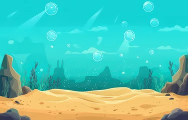 Gardinen Underwater scene with bubbles, seaweed, and sandy ocean floor. © Fatwaram