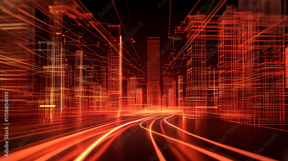 Aufkleber Vibrant cityscape with dynamic light trails and abstract digital patterns