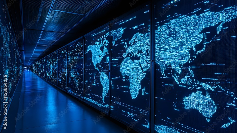Poster Digital world map displayed on glowing blue screens in a high-tech environment