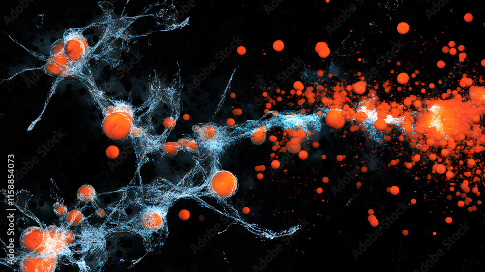 Poster Abstract illustration of colorful particles on a dark background resembling molecular structures