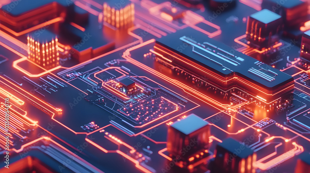 Poster vibrant circuit board with glowing connections and intricate electronic components