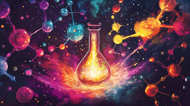 An artistic representation of a Bunsen burner surrounded by various colorful chemical reactions in progress.