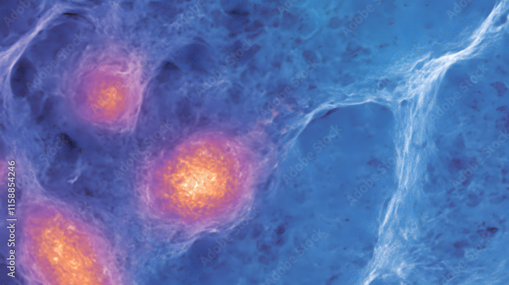 Poster cellular structures illuminated in vibrant colors against a blue backdrop