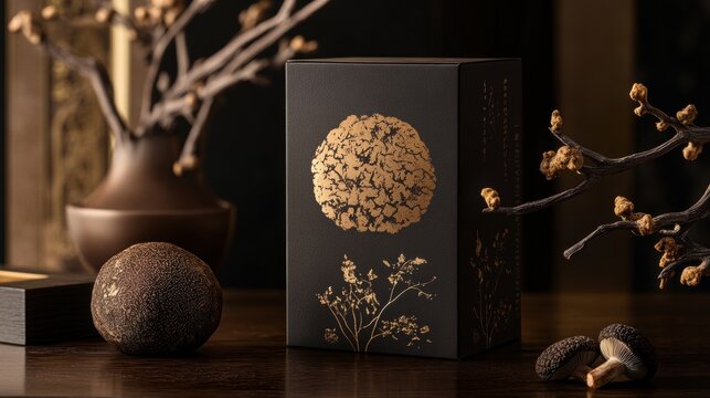 Elegant truffles packaging with floral design beside natural elements on a wooden surface.
