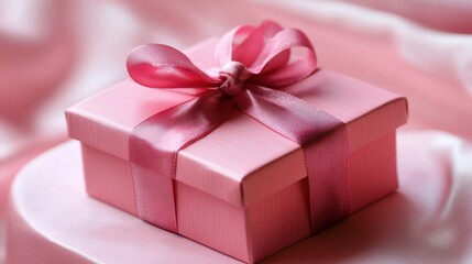 Obraz premium Elegant Pink Gift Box with Ribbon on Soft Satin Background