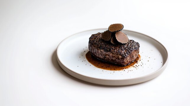 A gourmet steak topped with truffles on a minimalist plate.