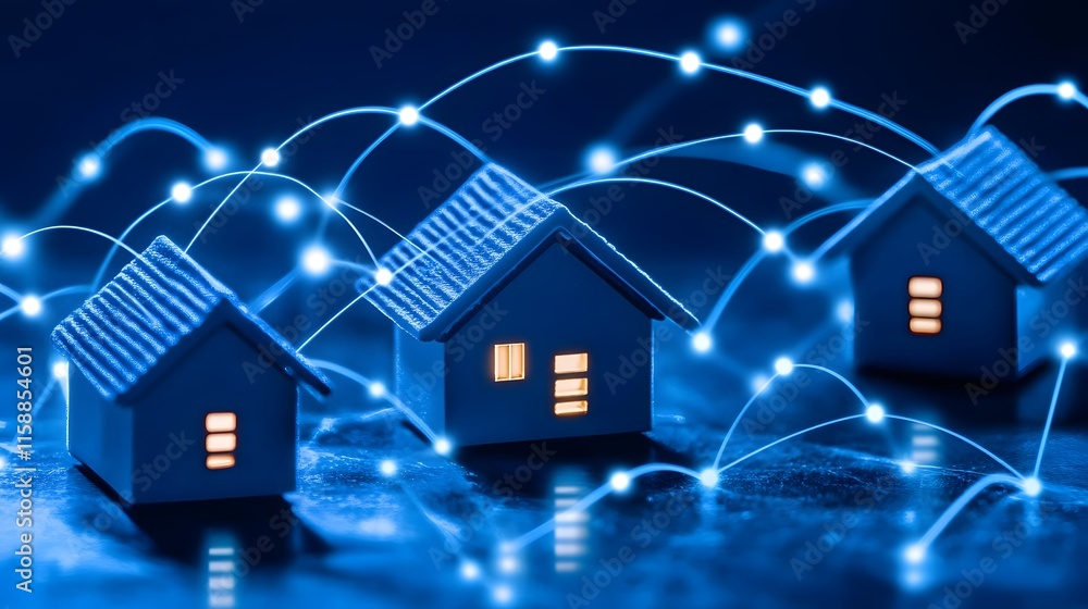 Poster digital homes connected by glowing lines, symbolizing smart technology and networking