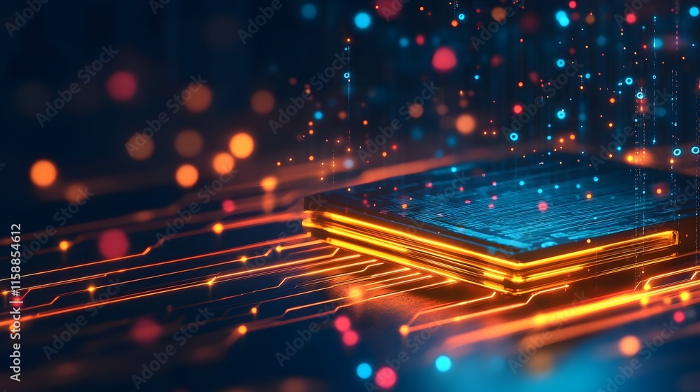 Poster Vibrant digital circuit board with glowing microchip and data streams