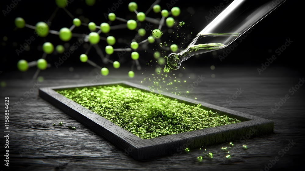 Poster green substance being poured from a flask onto a tray with molecular structures in the background