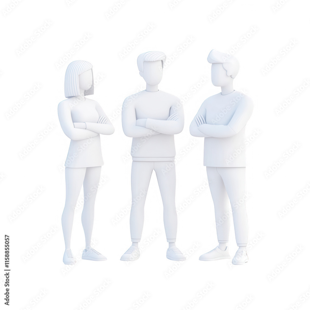 Poster three 3d characters standing together with arms crossed, depicting teamwork and collaboration., isol