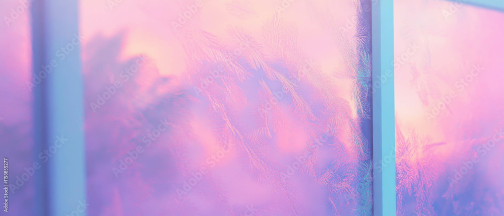 Poster Frosty window pattern displaying vibrant colors and intricate details in soft light