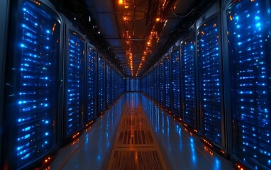 Obraz premium Illuminated server room with rows of data center racks.