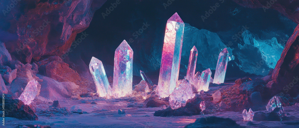 Poster Glowing cave crystals illuminated by soft light in a hyper-realistic style