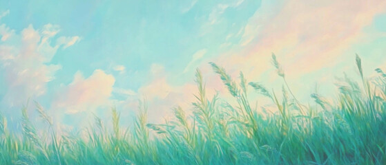 Fototapeta premium Grassy meadow illuminated by soft sunrise light in hyper-realistic painting style