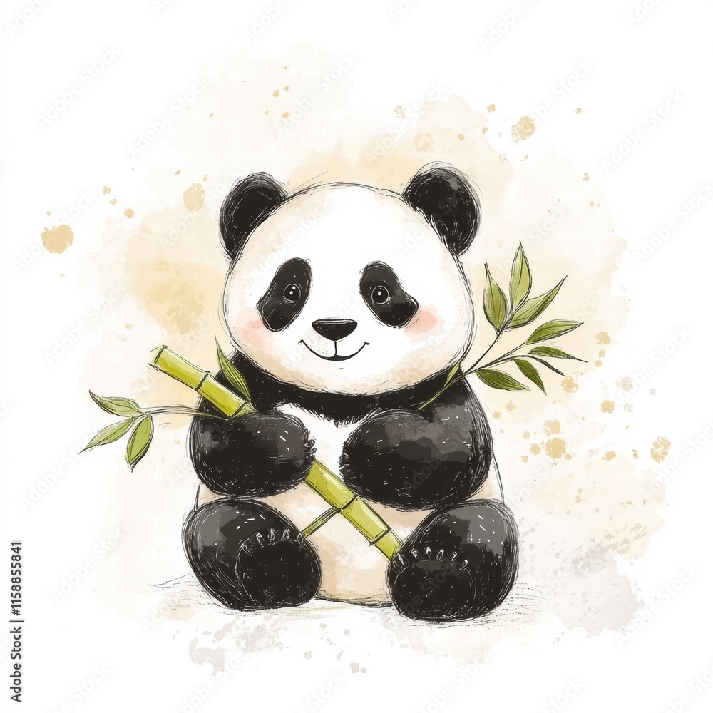 Fototapete cute panda sitting and holding bamboo with empty space for text creation. generative ai