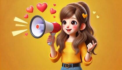 Fototapeta premium Young girl with megaphone sharing happy announcement on yellow background, 3d illustration