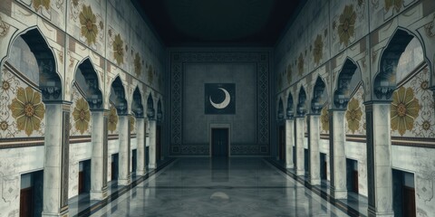 Obraz premium Minimalist Islamic background featuring a crescent moon and stars, with abstract shapes and geometric accents in the background