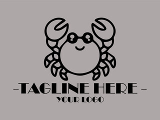 Happy crab with spectacles in black lines, suitable for childrens illustrations, educational materials, and marinethemed designs. Creative and quirky