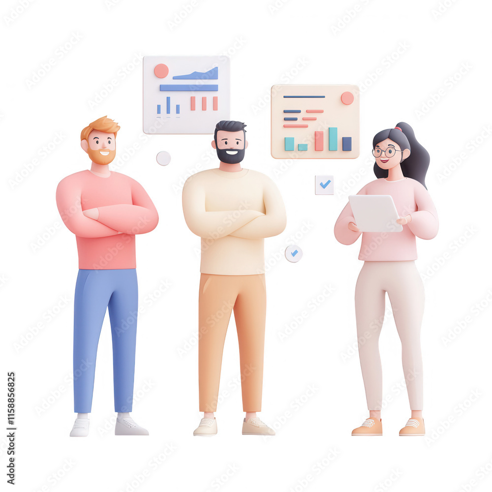 Poster three diverse individuals collaborating with charts and data for effective strategies., isolated on 