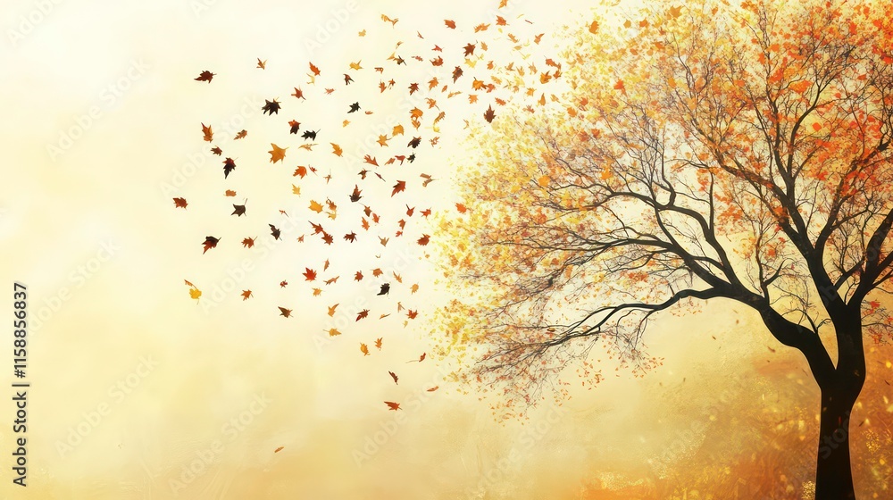 Poster silhouette of tree with autumn leaves blowing in the wind.