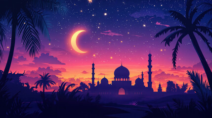 Night scene with a crescent moon illuminating the sky, surrounded by stars and palm trees. The silhouette of a mosque with domes.