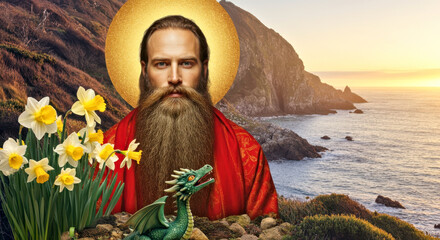 Mystical Figure with Golden Aura by Coastal Cliffside in Fantasy Art Scene. St. David's day