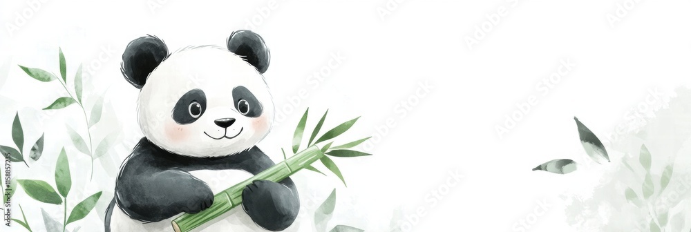Poster cute panda holding bamboo surrounded by leafy background with space for text. generative ai