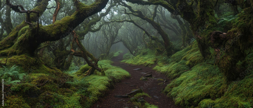 Aufkleber Misty forest path winding through lush greenery and twisted trees in serene twilight
