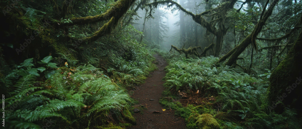 Poster misty forest path inviting exploration through dense greenery and tranquility