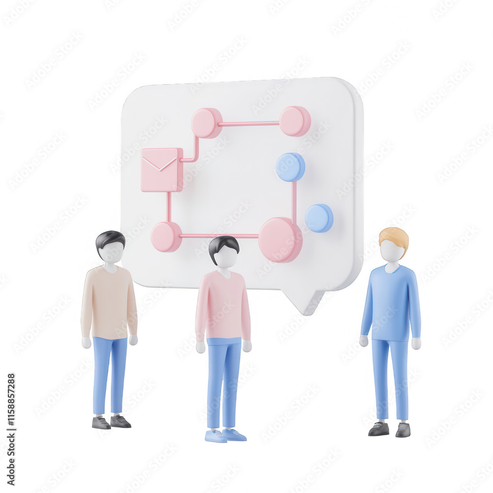 Poster three figures discussing communication strategies in a modern setting., isolated on a transparent ba