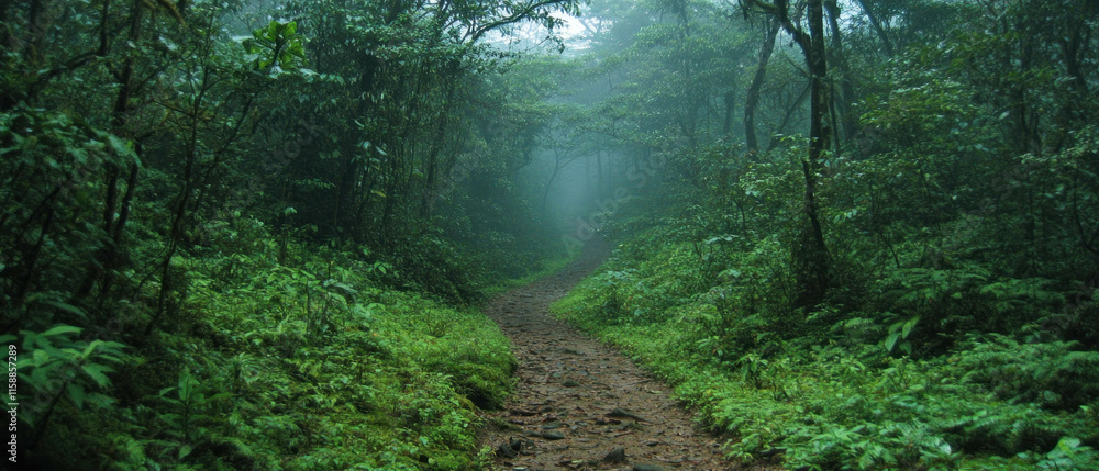Poster misty forest path inviting exploration through lush greenery and soft fog