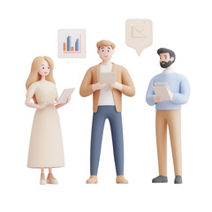 Three diverse professionals discussing data insights with digital devices., isolated on a transparent background.