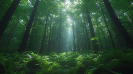 Obraz premium Sunbeams pierce misty green forest.